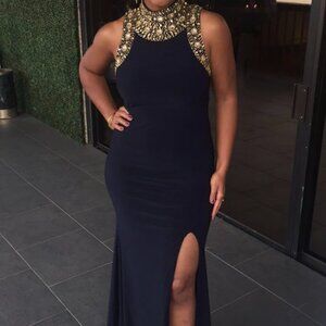 Betsy & Adam Black Maxi Dress with Gold Embellishments